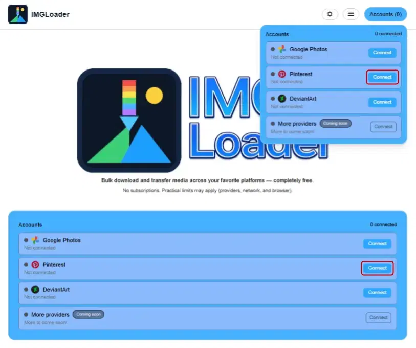 Accounts section with Connect button for Pinterest