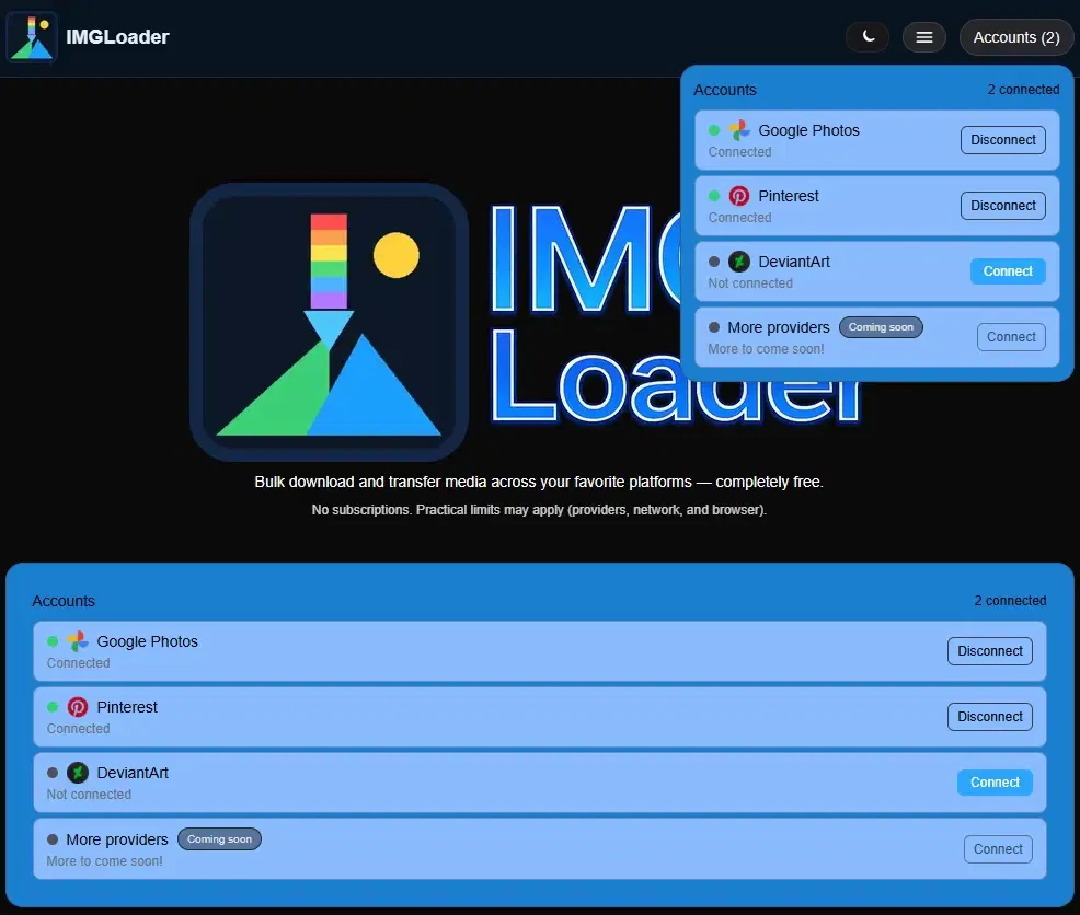 Pinterest and Google Photos connected in IMGLoader
