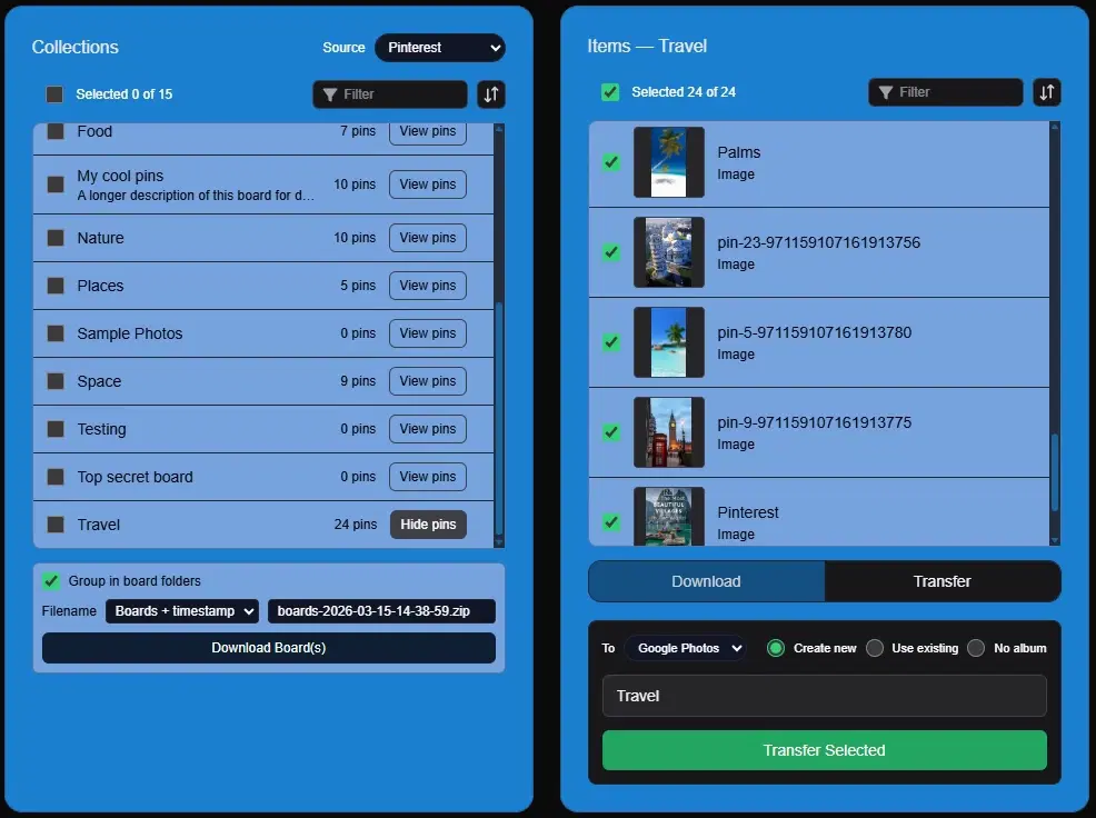Transfer interface configured from Pinterest to Google Photos
