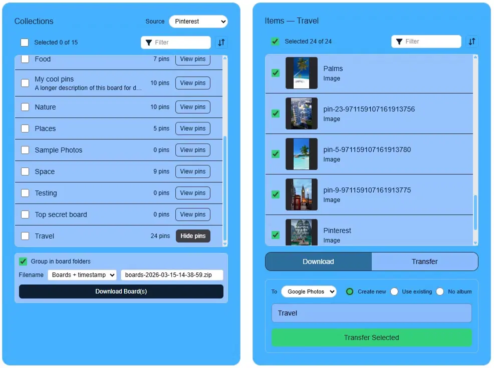 Transfer interface configured from Pinterest to Google Photos