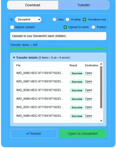 Transfer result view with manifest details and destination links