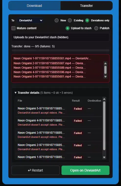 Transfer UI showing a failure count and sample errors