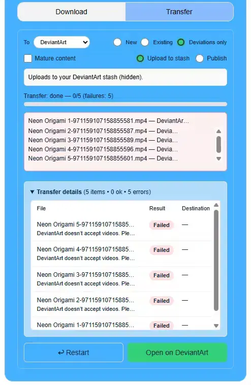 Transfer UI showing a failure count and sample errors