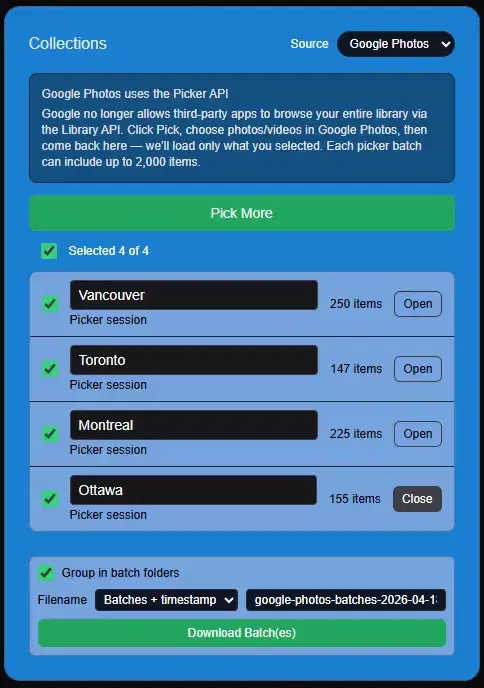 IMGLoader using Pick More to add another Google Photos batch