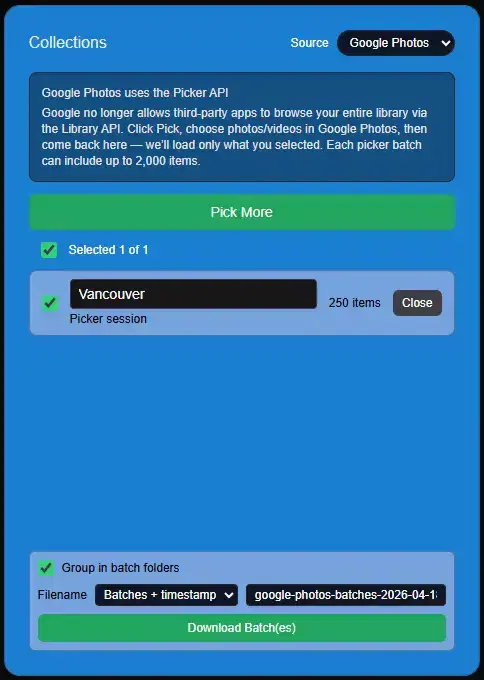 Google Photos Picker showing a large selected batch