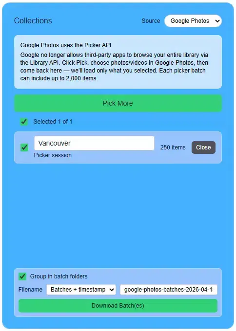 Google Photos Picker showing a large selected batch