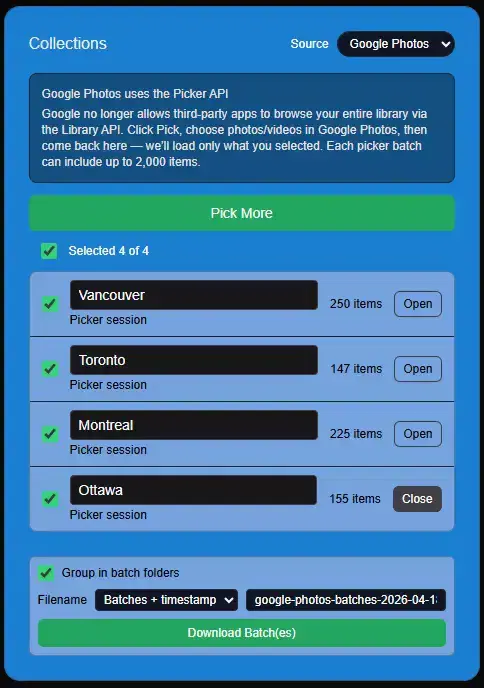 IMGLoader Google Photos batch list with editable batch names and batch folder grouping