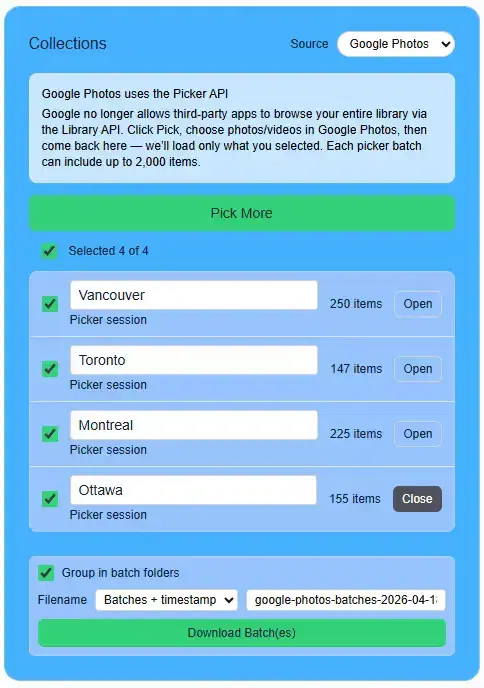 IMGLoader Google Photos batch list with editable batch names and batch folder grouping