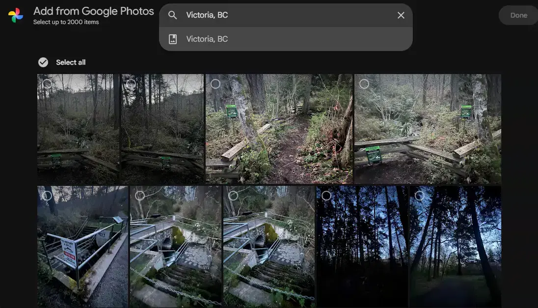 Google Photos Picker search used to find an album before selecting photos