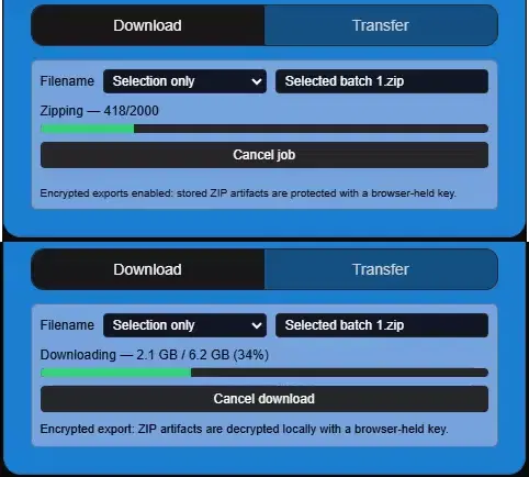 Large ZIP export showing zipping progress and in-page downloading progress