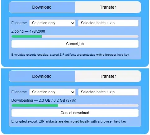 Large ZIP export showing zipping progress and in-page downloading progress