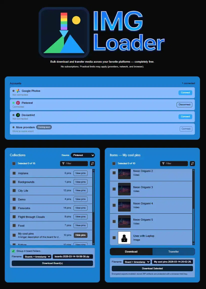 IMGLoader showing Pinterest boards loaded and ready for export
