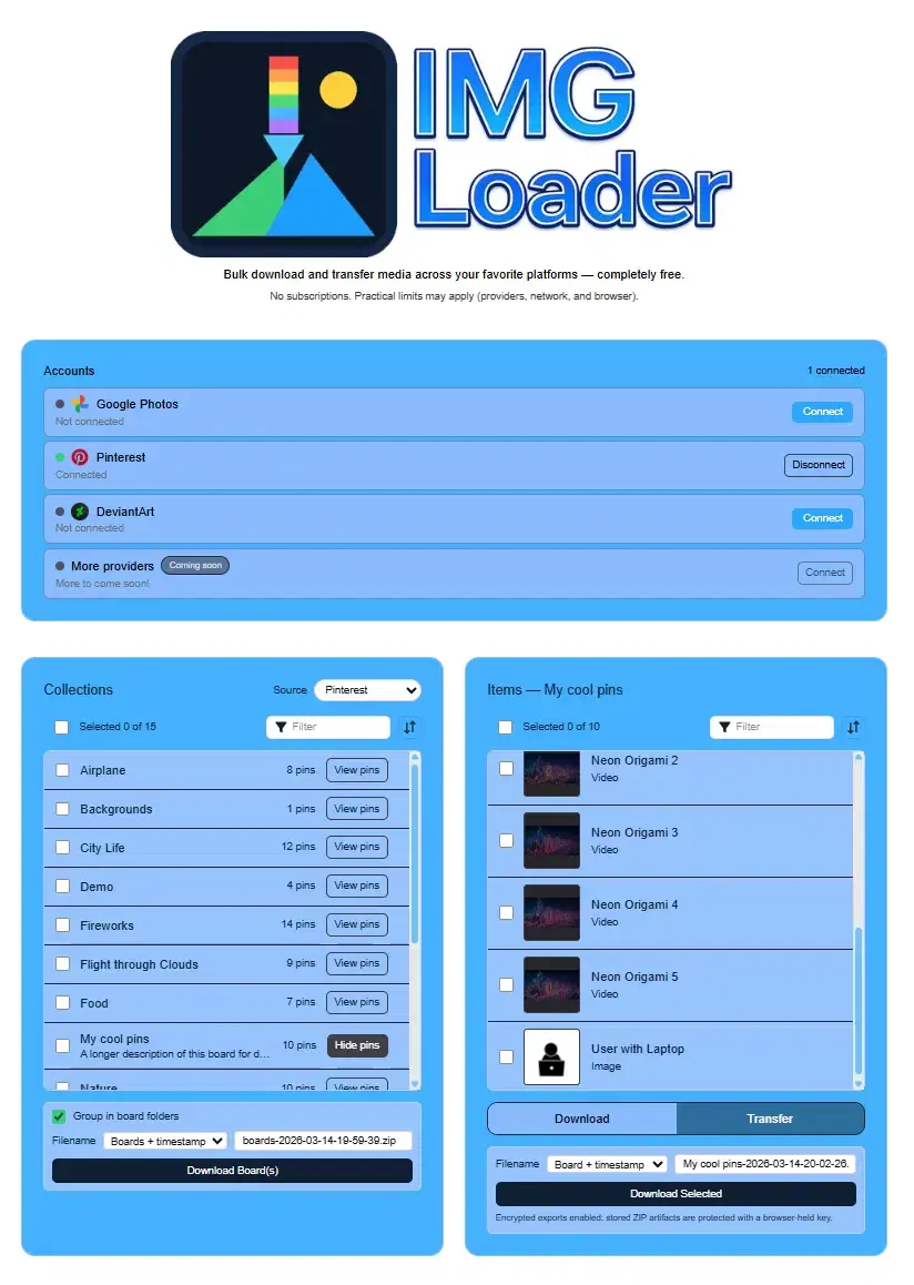 IMGLoader showing Pinterest boards loaded and ready for export