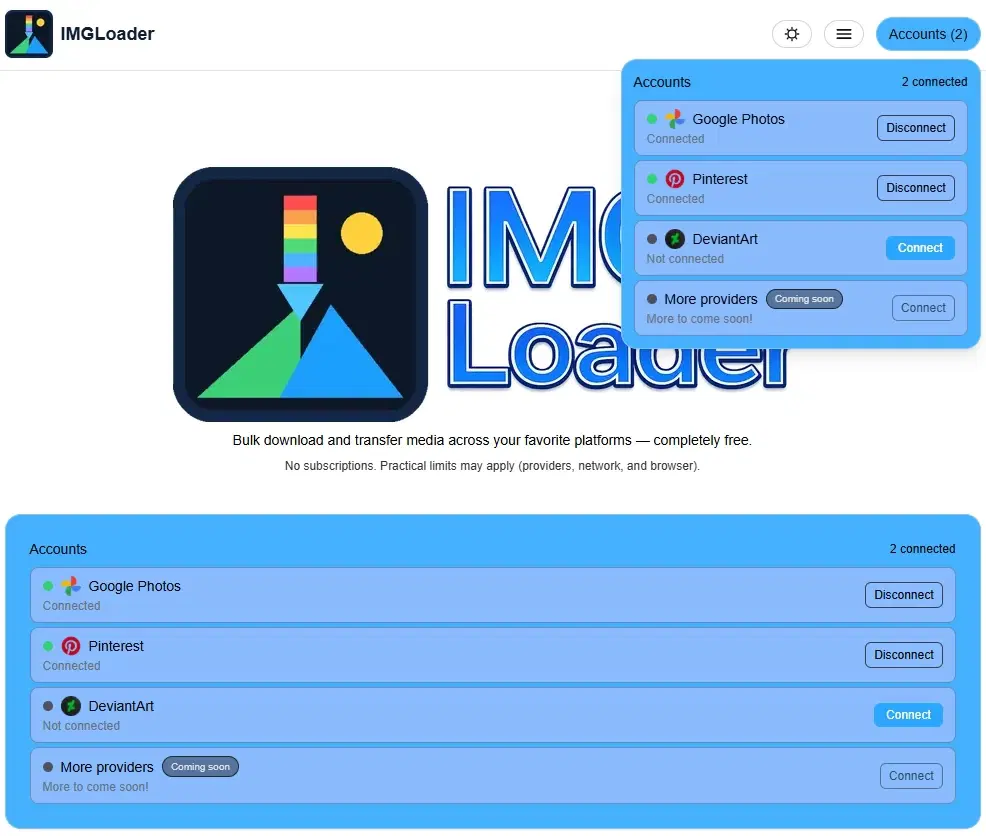 Pinterest and Google Photos connected in IMGLoader