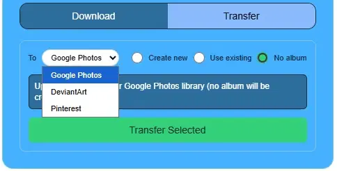 Google Photos destination options in the transfer UI
