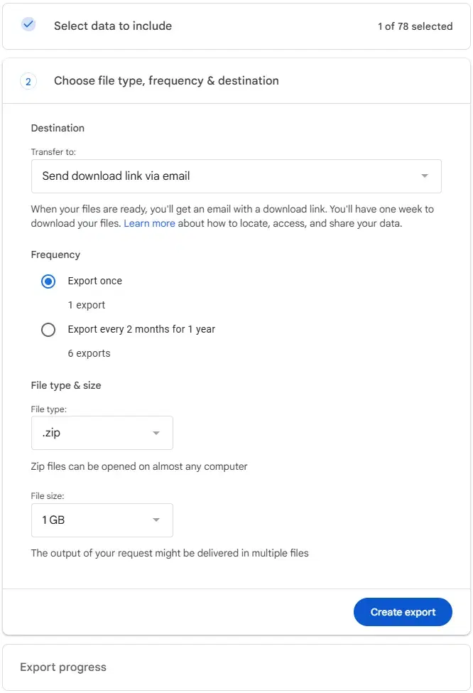 Google Takeout export settings for file type, frequency, and destination