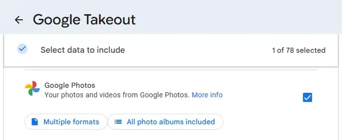 Google Takeout with Google Photos selected as the export service