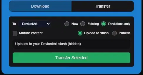 DeviantArt transfer destination options showing Upload to stash and Publish in IMGLoader