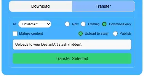 DeviantArt transfer destination options showing Upload to stash and Publish in IMGLoader